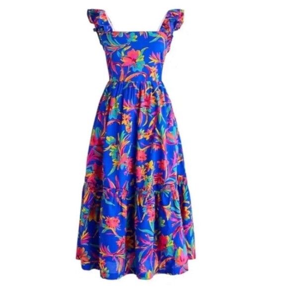 J Crew Women Dress Square Neck Midi Blue Cotton Preppy Floral Boho Size 8 NWT - Picture 1 of 16
